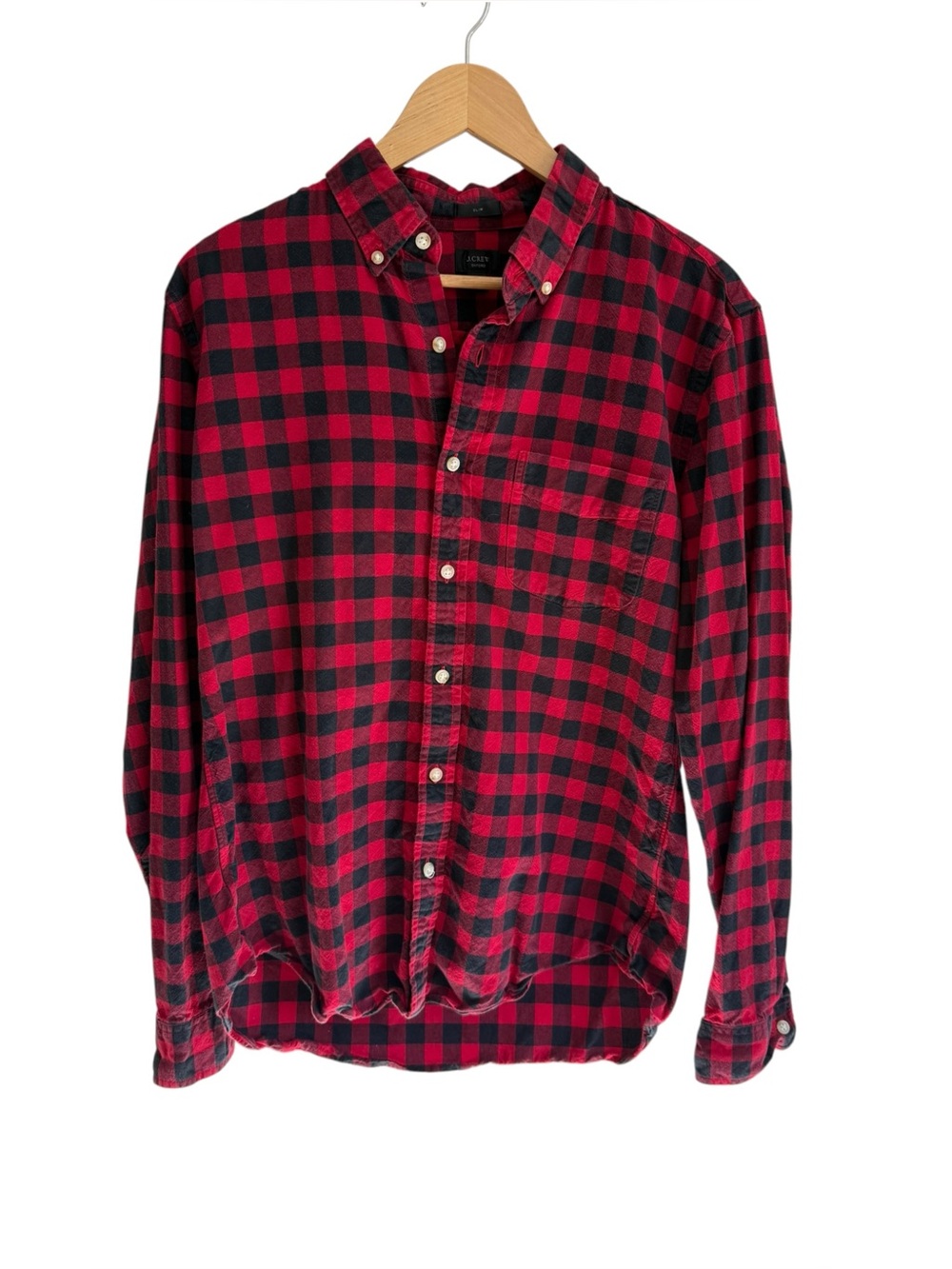 J. Crew Mens Red and Black Plaid Button-Down Shirt - Casual Long Sleeve Medium